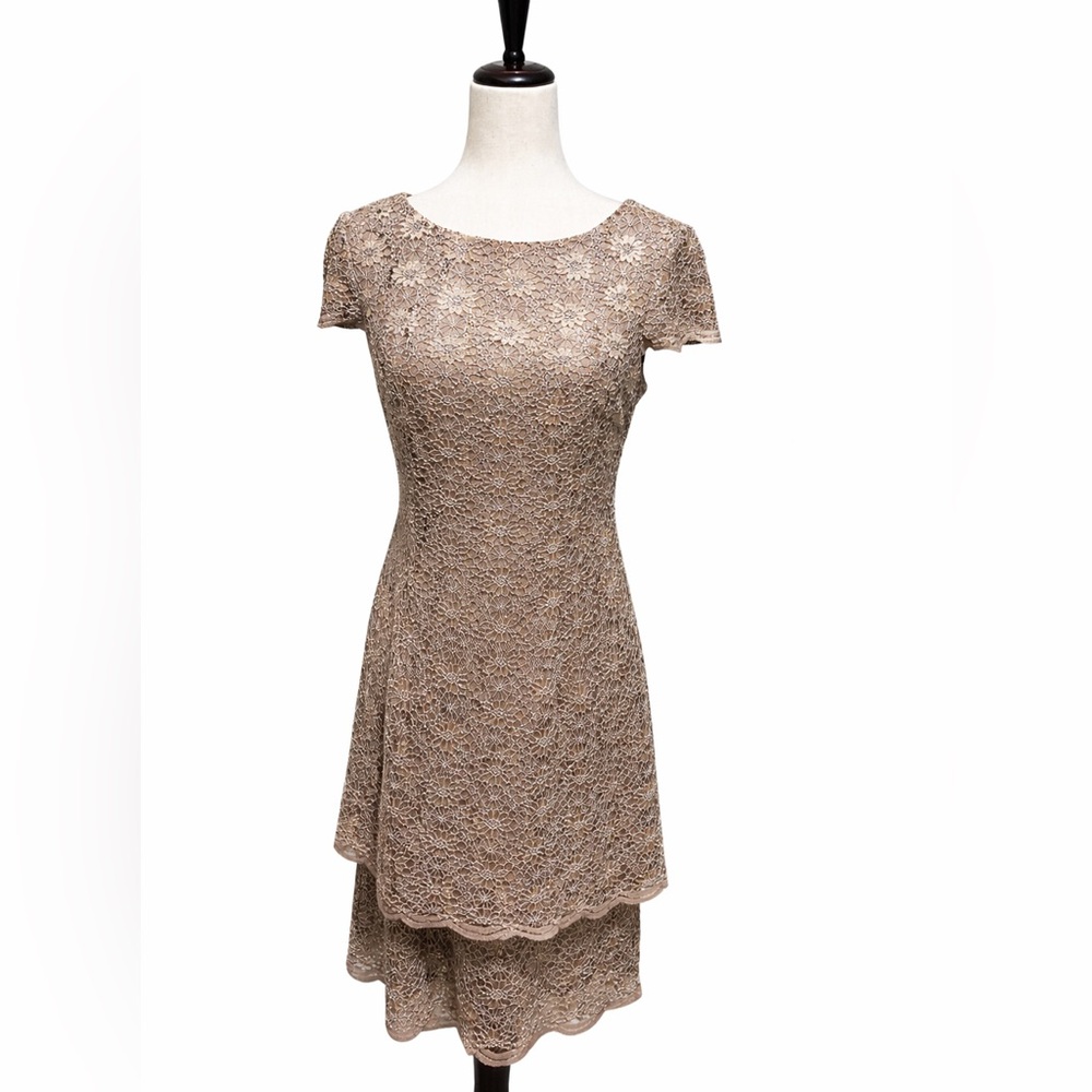 Alex Evenings Asymmetrical Lace Dress in Tan
